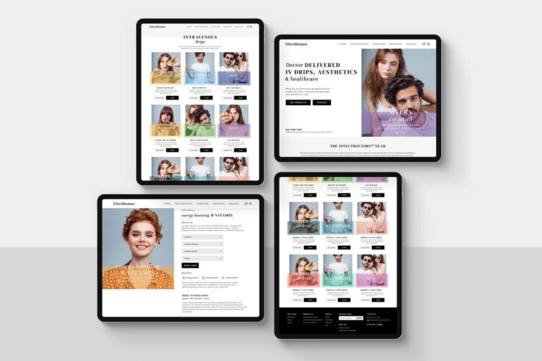 Four tablets showing different website pages with brightly coloured images