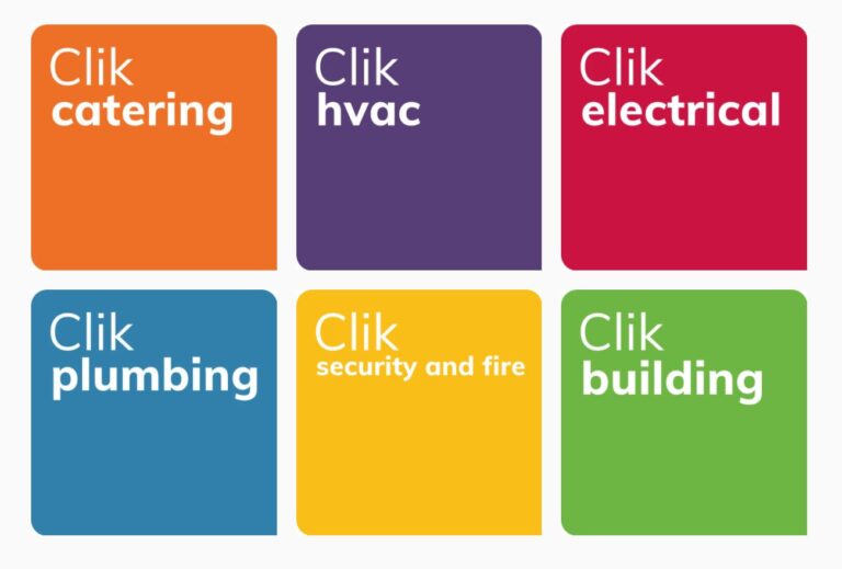 6 colourful blocks with each containing text that describes a different industry: catering, hvac, electrical, plumbing, ecurity & fire and building