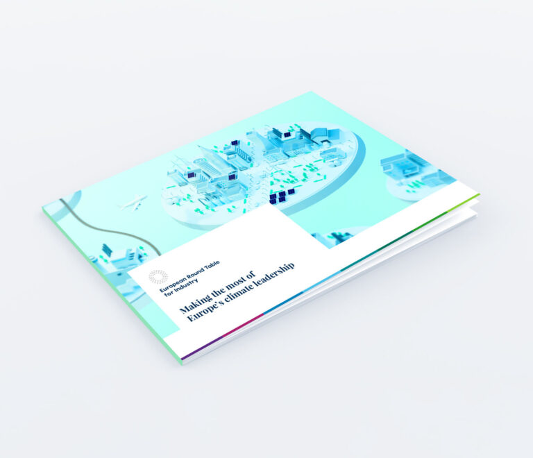 A closed booklet with a blue design of a futuristic cityscape on the front