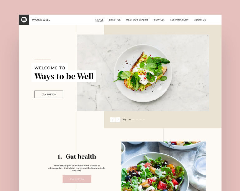 The Ways to be Well homepage, showing a fresh, minimalist design with imagery of plates of healthy-looking food