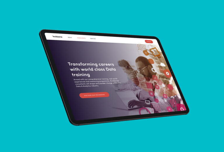 A mockup of a tablet against a turquoise background. The screen shows the Rockborne site homepage