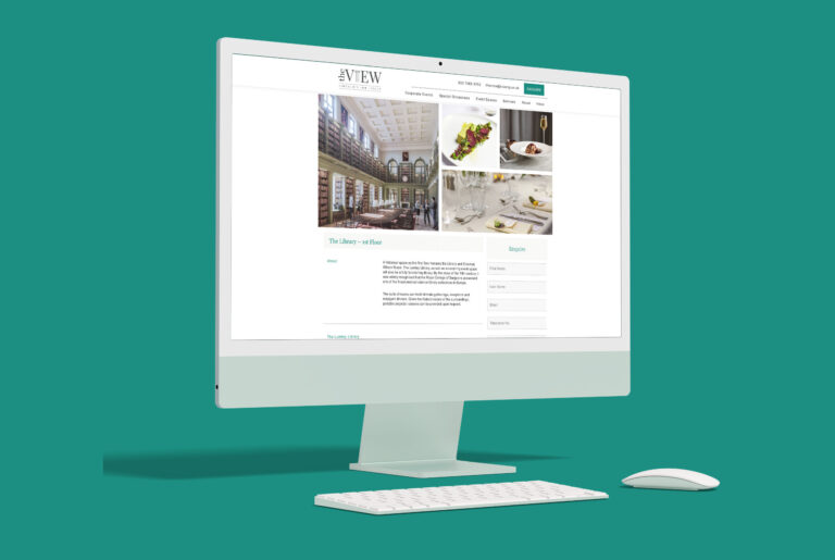 A mockup of a computer against a green background. On the screen is The View homepage with some text and images