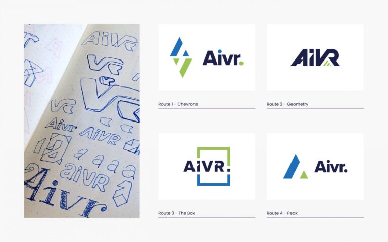 Side by side iterations of the AIVR branding process, with sketches on the left and computer designs on the right